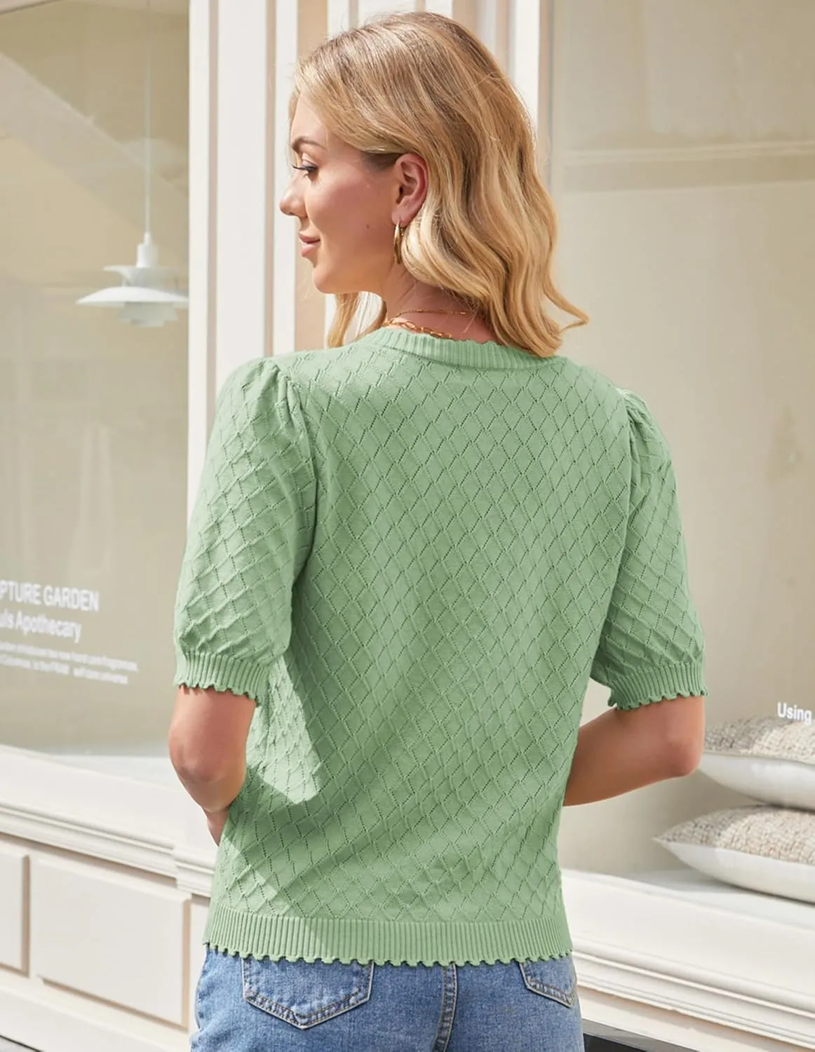GRACE KARIN Women's Puff Short Sleeve Cardigan Tops 2025 Summer Lightweight Crew Neck Button Down Sweater Blouses