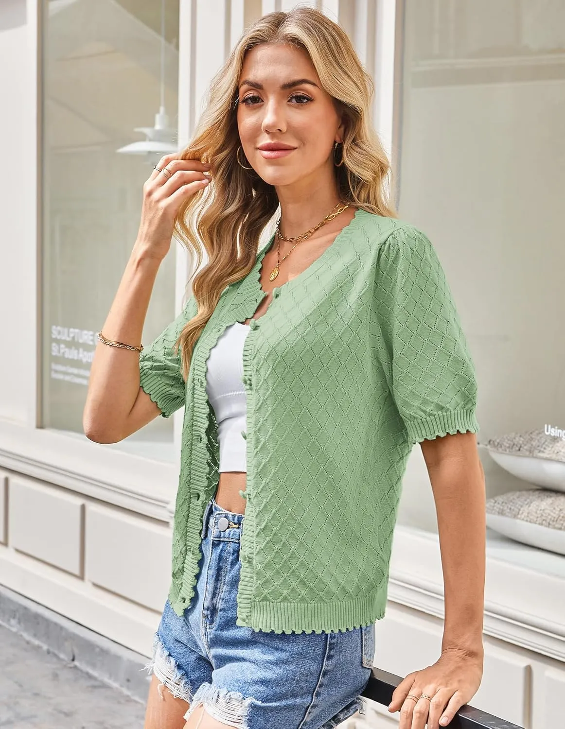 GRACE KARIN Women's Puff Short Sleeve Cardigan Tops 2025 Summer Lightweight Crew Neck Button Down Sweater Blouses