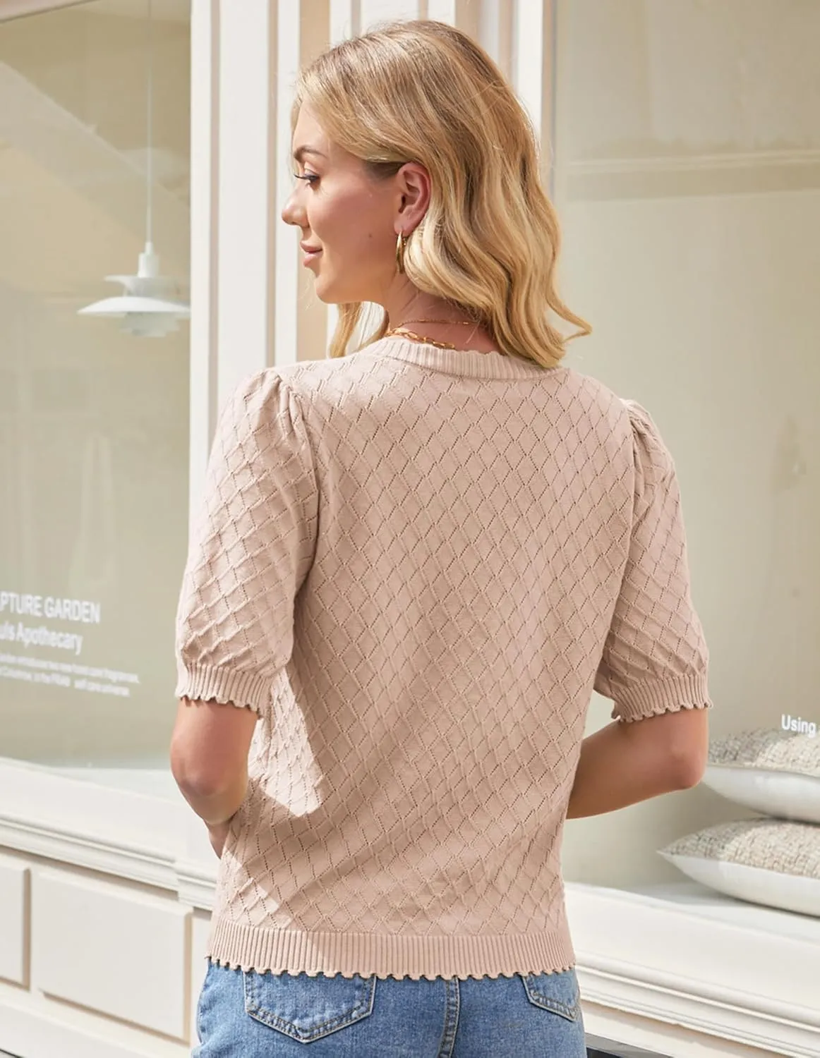 GRACE KARIN Women's Puff Short Sleeve Cardigan Tops 2025 Summer Lightweight Crew Neck Button Down Sweater Blouses