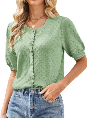 GRACE KARIN Women's Puff Short Sleeve Cardigan Tops 2025 Summer Lightweight Crew Neck Button Down Sweater Blouses