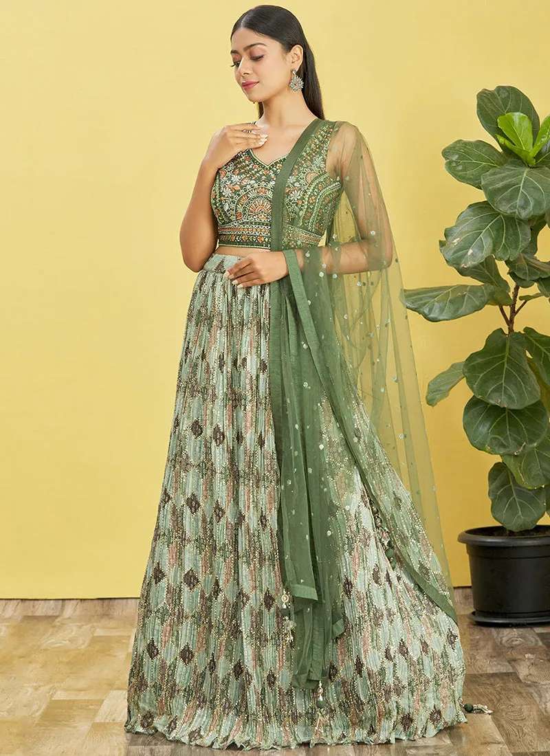 Green Multi Embroidery Printed Lehenga Choli