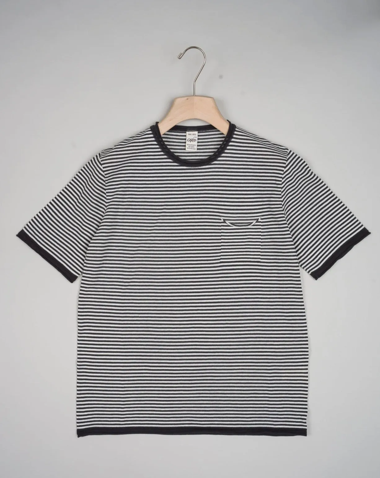 G.R.P. Firenze Striped Cotton T-Shirt / Charcoal & Ecru