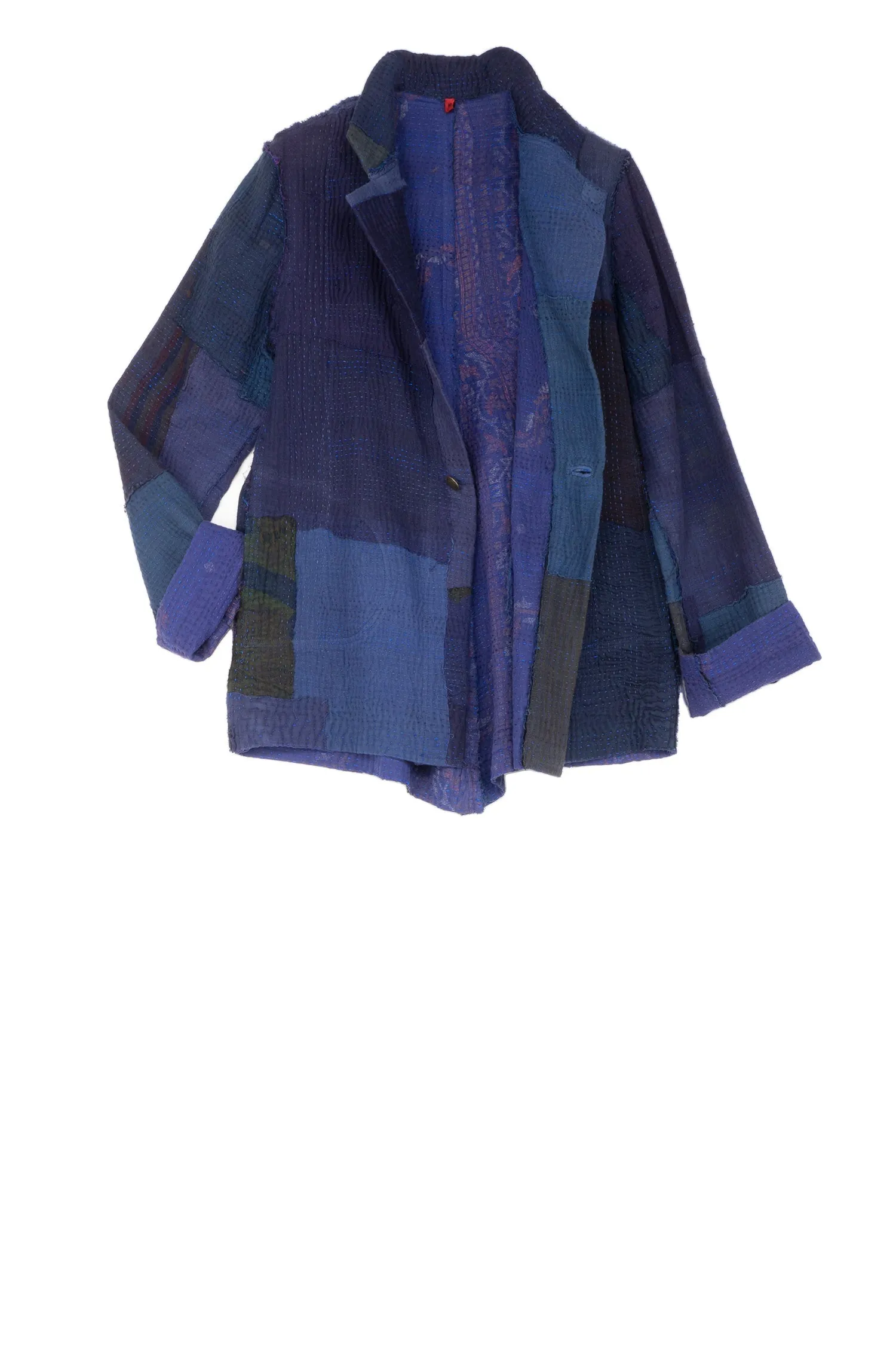 INDIGO WHITE FRAYED PATCH KANTHA SIMPLE JKT