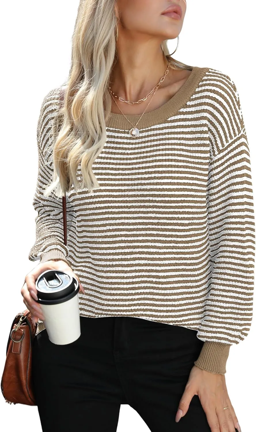 Jouica Womens 2024 Batwing Sleeve Sweaters Casual Crewneck Striped Color Block Fall Lightweight Pullover Top