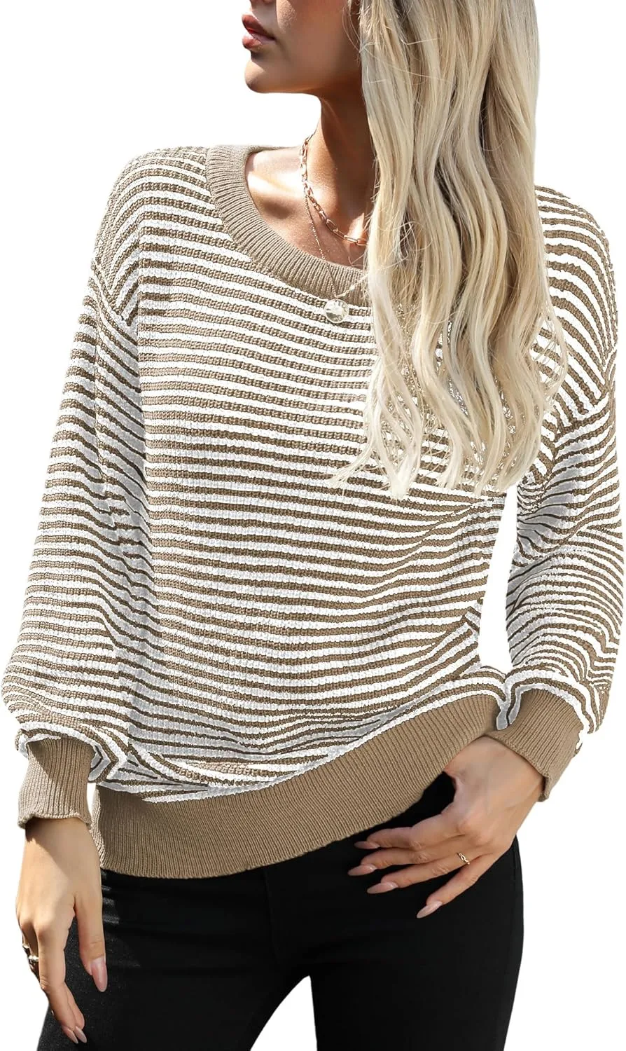 Jouica Womens 2024 Batwing Sleeve Sweaters Casual Crewneck Striped Color Block Fall Lightweight Pullover Top