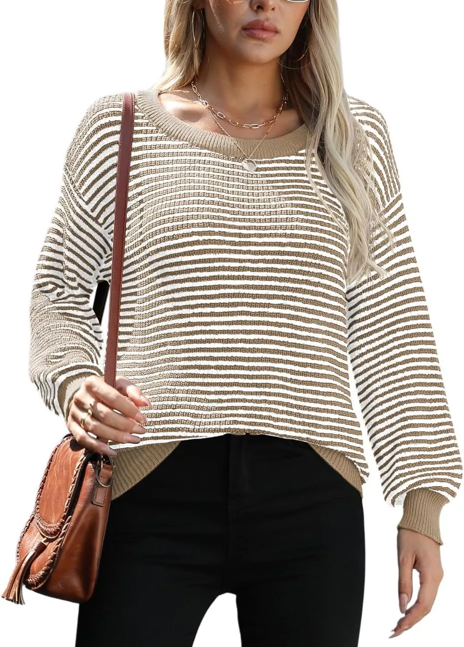 Jouica Womens 2024 Batwing Sleeve Sweaters Casual Crewneck Striped Color Block Fall Lightweight Pullover Top