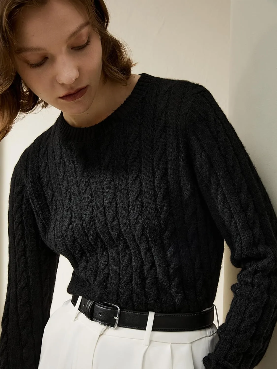 LilySilk Wool Cashmere Sweater for Women Basic Classic Ladies' Pullover Preppy Style Ribbed Cable Knit Fall Winter Top