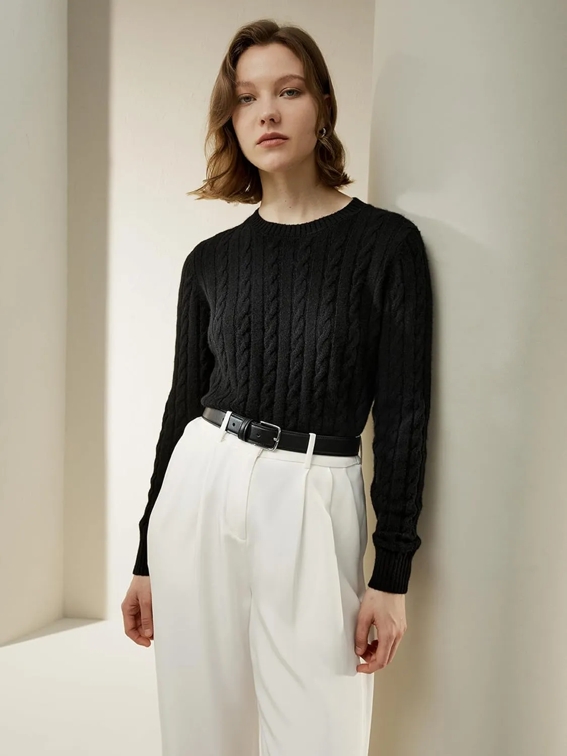 LilySilk Wool Cashmere Sweater for Women Basic Classic Ladies' Pullover Preppy Style Ribbed Cable Knit Fall Winter Top