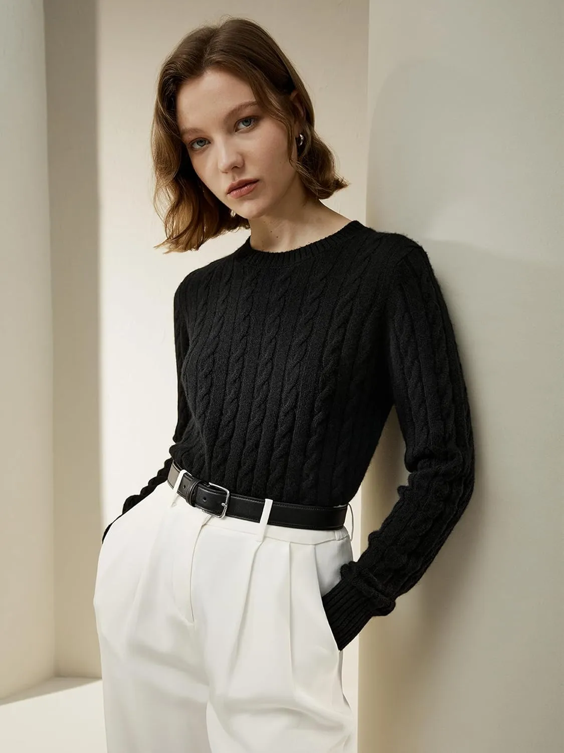 LilySilk Wool Cashmere Sweater for Women Basic Classic Ladies' Pullover Preppy Style Ribbed Cable Knit Fall Winter Top