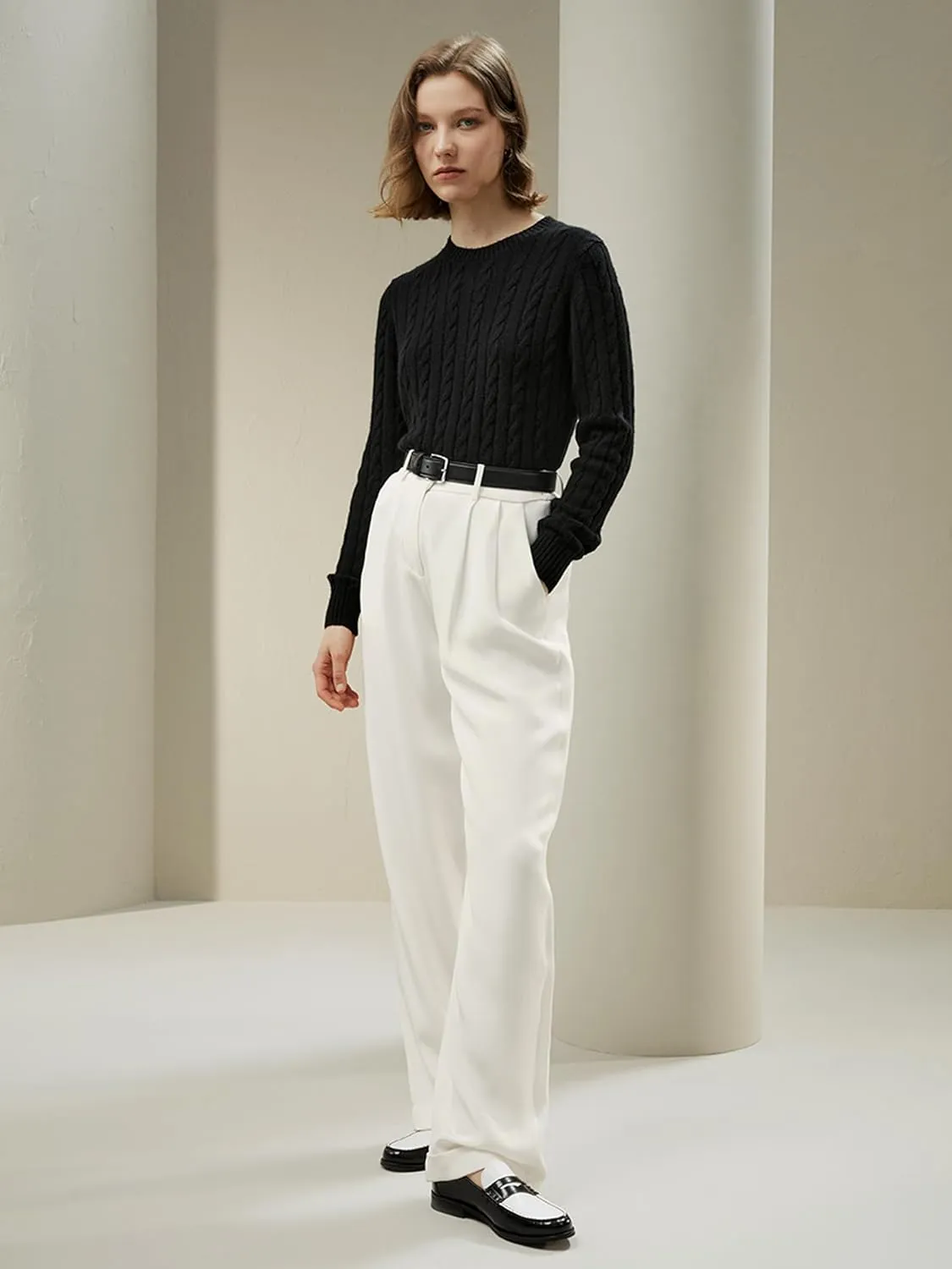 LilySilk Wool Cashmere Sweater for Women Basic Classic Ladies' Pullover Preppy Style Ribbed Cable Knit Fall Winter Top