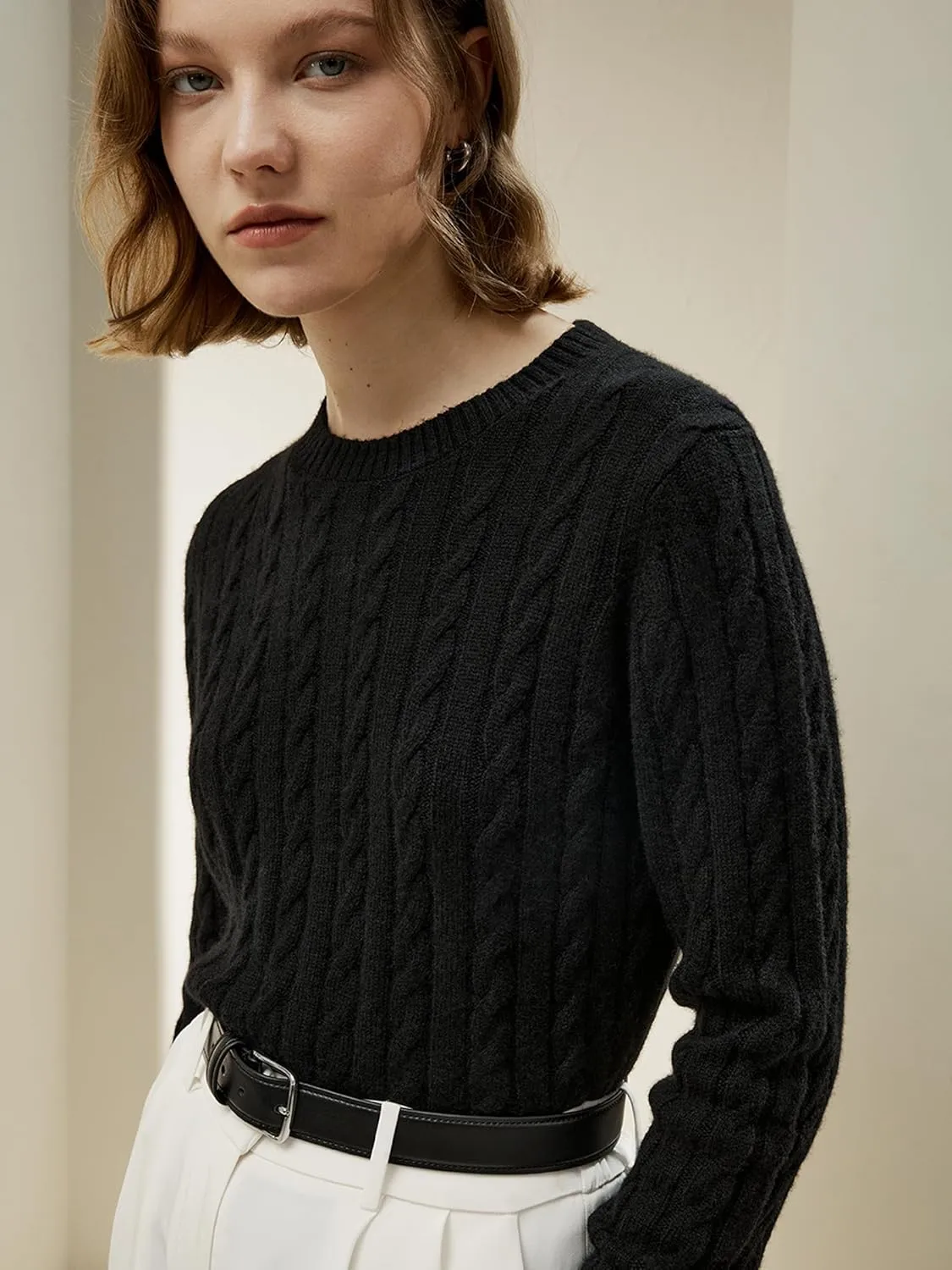 LilySilk Wool Cashmere Sweater for Women Basic Classic Ladies' Pullover Preppy Style Ribbed Cable Knit Fall Winter Top