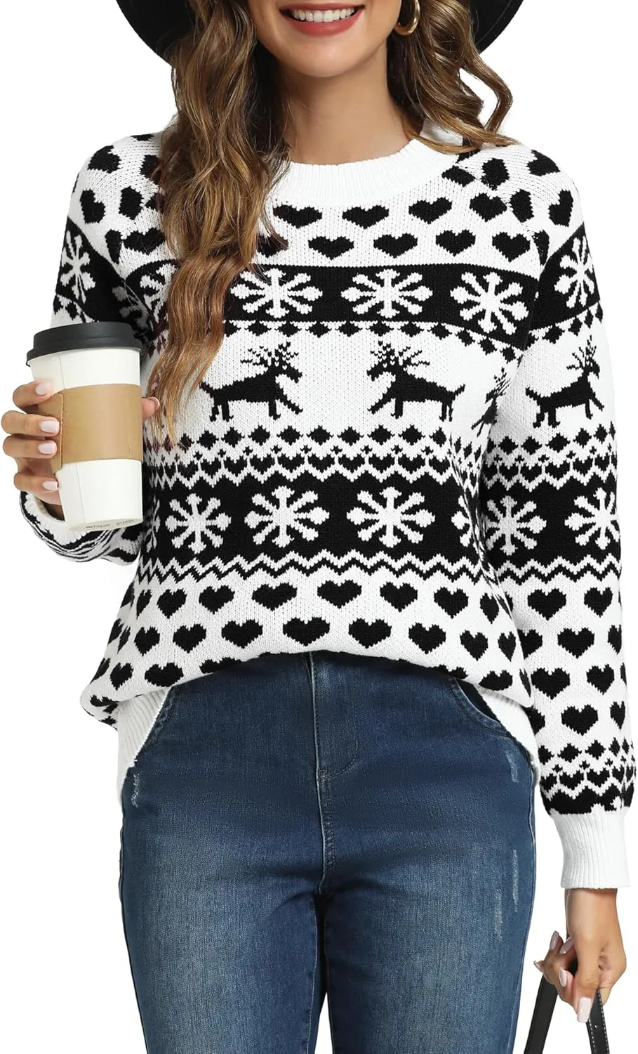 LYHNMW Women's Ugly Christmas Sweaters Snowflake Reindeer Long Sleeve Holiday Knit Xmas Sweater Pullover Tops
