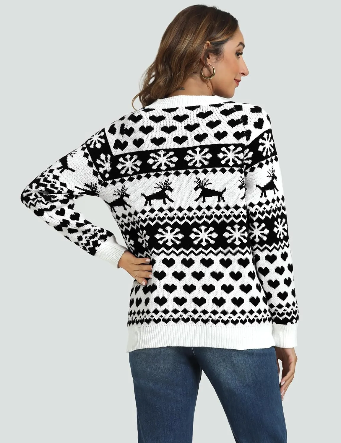 LYHNMW Women's Ugly Christmas Sweaters Snowflake Reindeer Long Sleeve Holiday Knit Xmas Sweater Pullover Tops