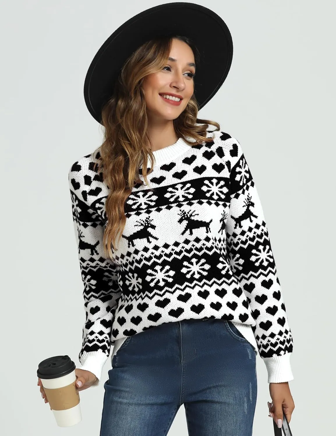 LYHNMW Women's Ugly Christmas Sweaters Snowflake Reindeer Long Sleeve Holiday Knit Xmas Sweater Pullover Tops