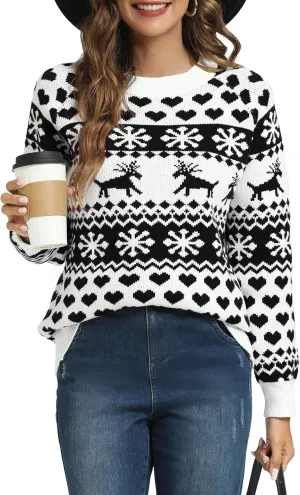 LYHNMW Women's Ugly Christmas Sweaters Snowflake Reindeer Long Sleeve Holiday Knit Xmas Sweater Pullover Tops