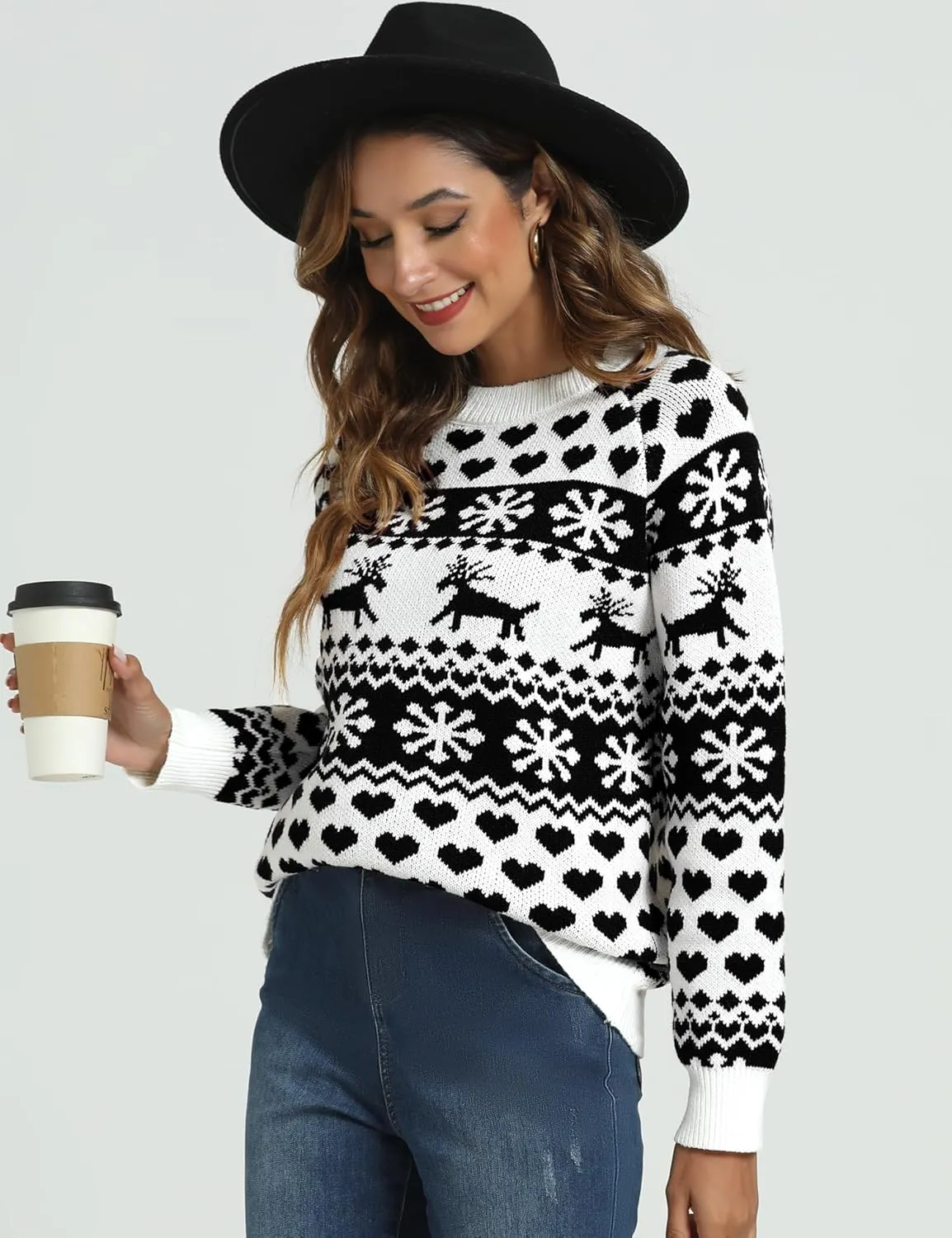 LYHNMW Women's Ugly Christmas Sweaters Snowflake Reindeer Long Sleeve Holiday Knit Xmas Sweater Pullover Tops