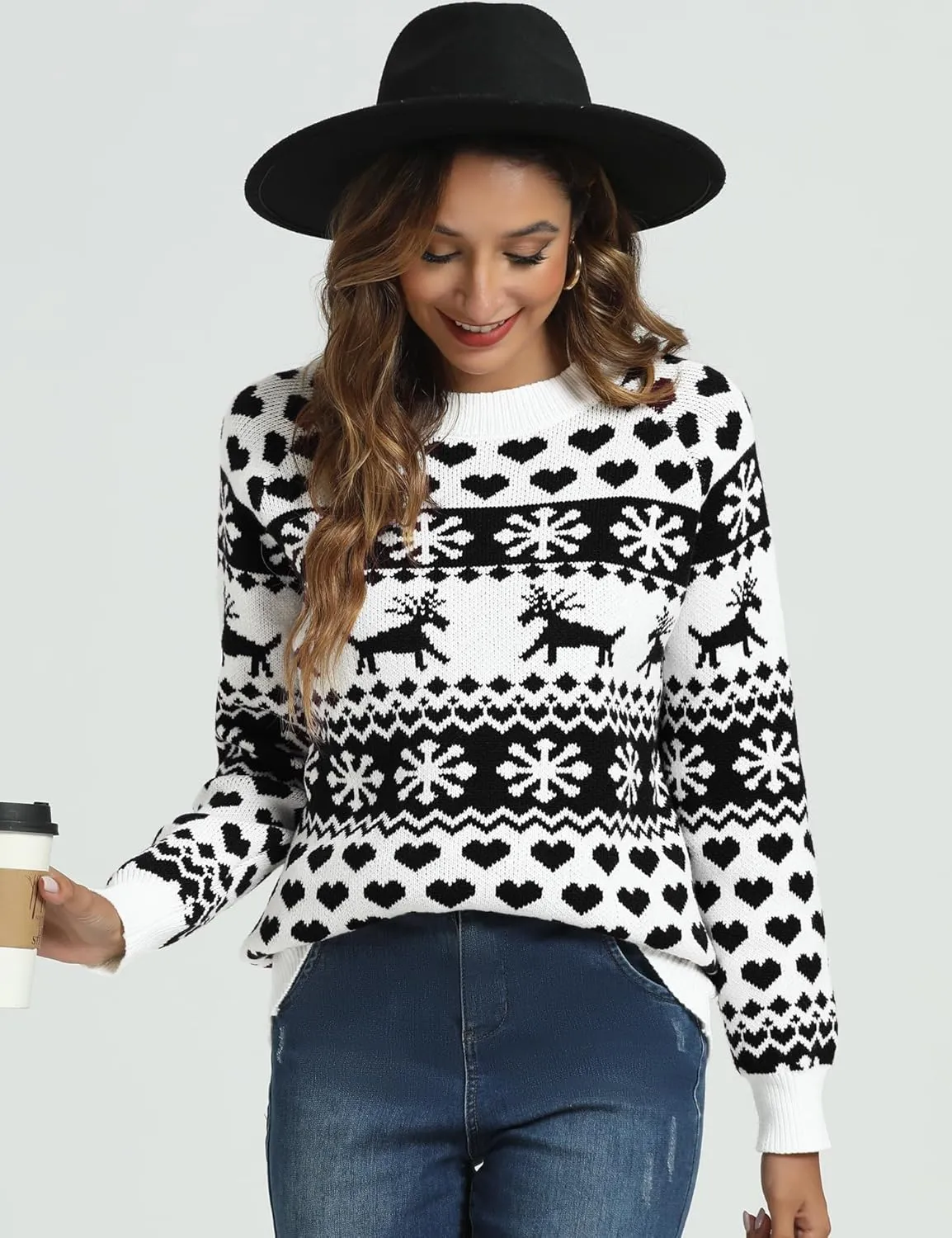 LYHNMW Women's Ugly Christmas Sweaters Snowflake Reindeer Long Sleeve Holiday Knit Xmas Sweater Pullover Tops