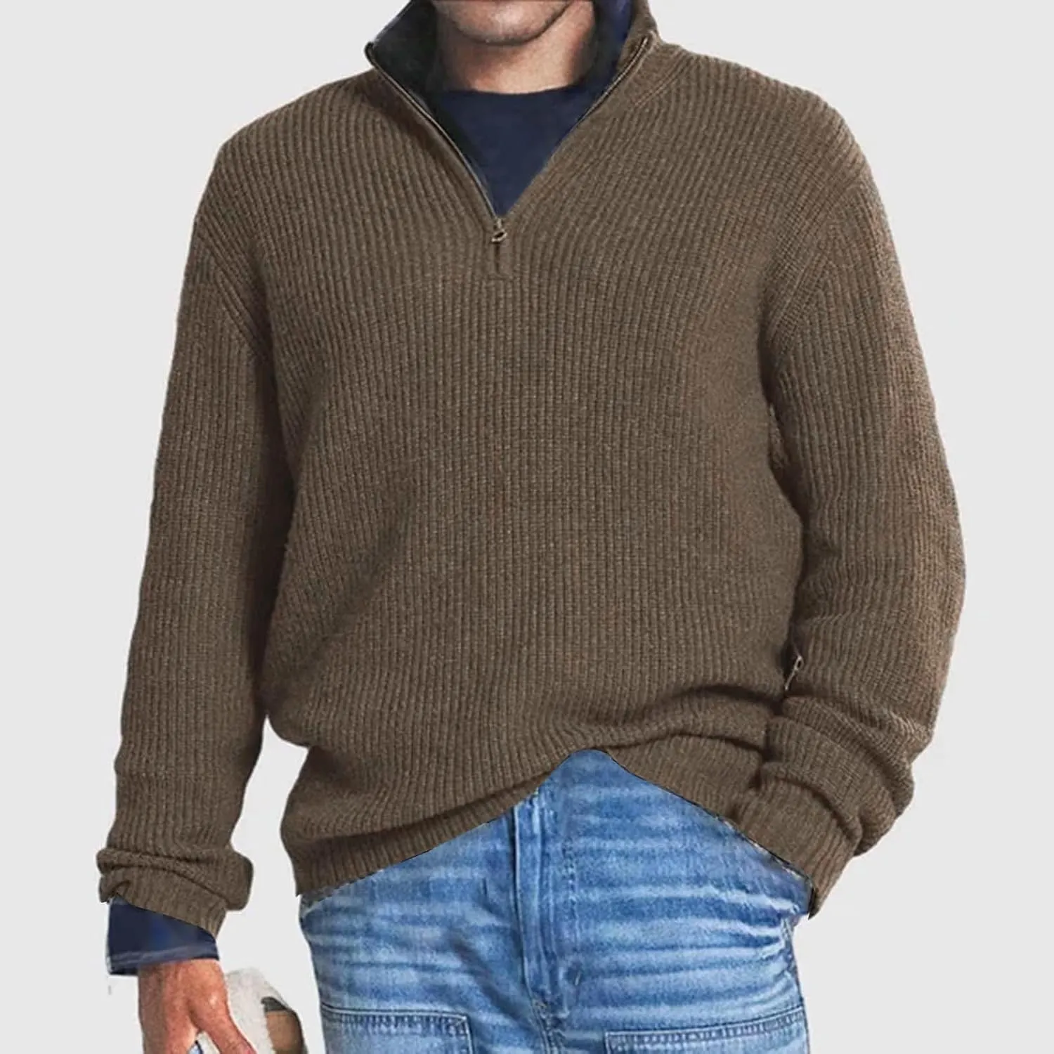 Men Quarter Zip Pullover Sweater Oversize Chunky Warm Knitted Texture Jumper Casual Long Sleeve Turtleneck Sweatshirt