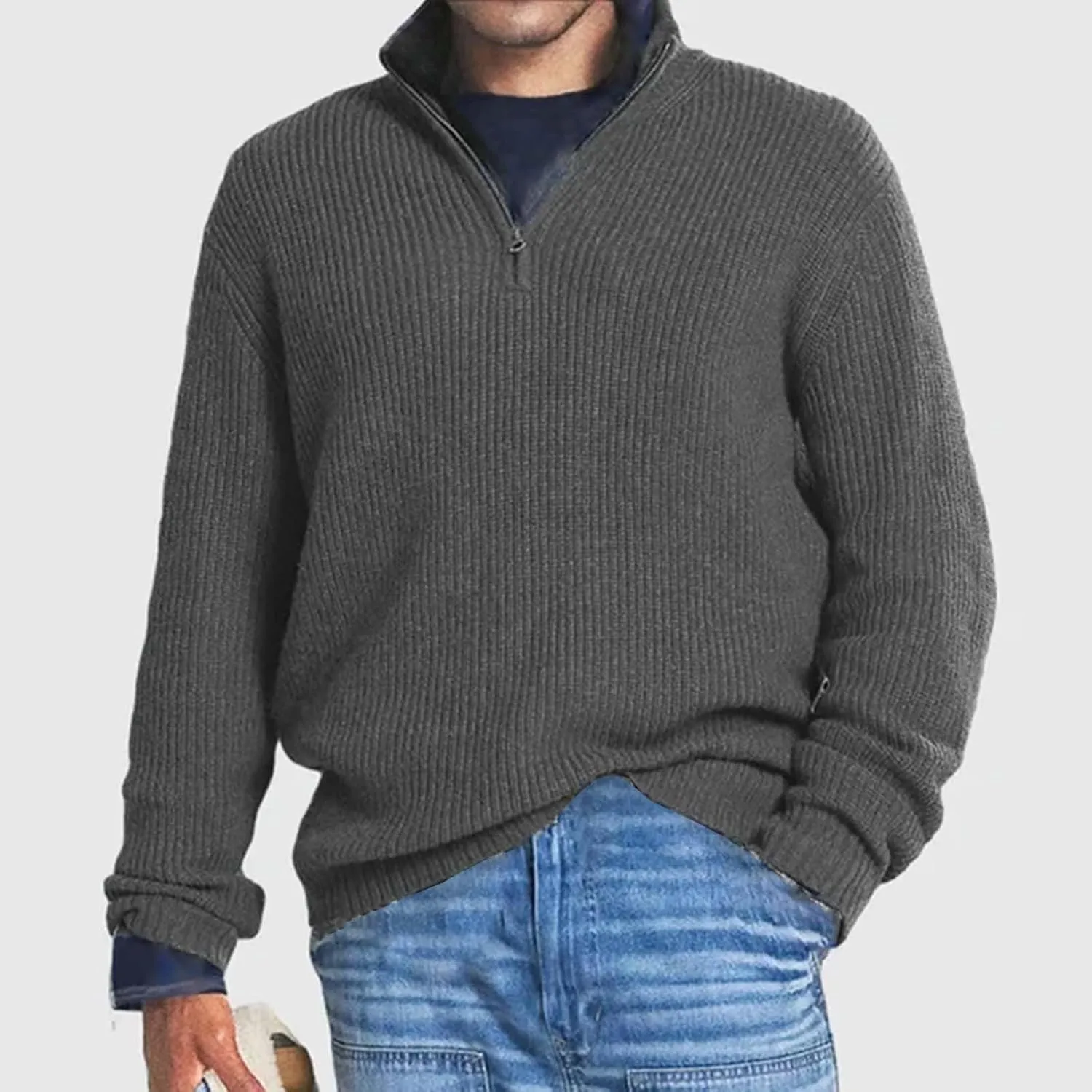 Men Quarter Zip Pullover Sweater Oversize Chunky Warm Knitted Texture Jumper Casual Long Sleeve Turtleneck Sweatshirt