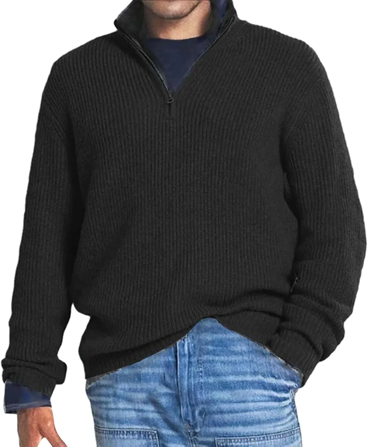 Men Quarter Zip Pullover Sweater Oversize Chunky Warm Knitted Texture Jumper Casual Long Sleeve Turtleneck Sweatshirt