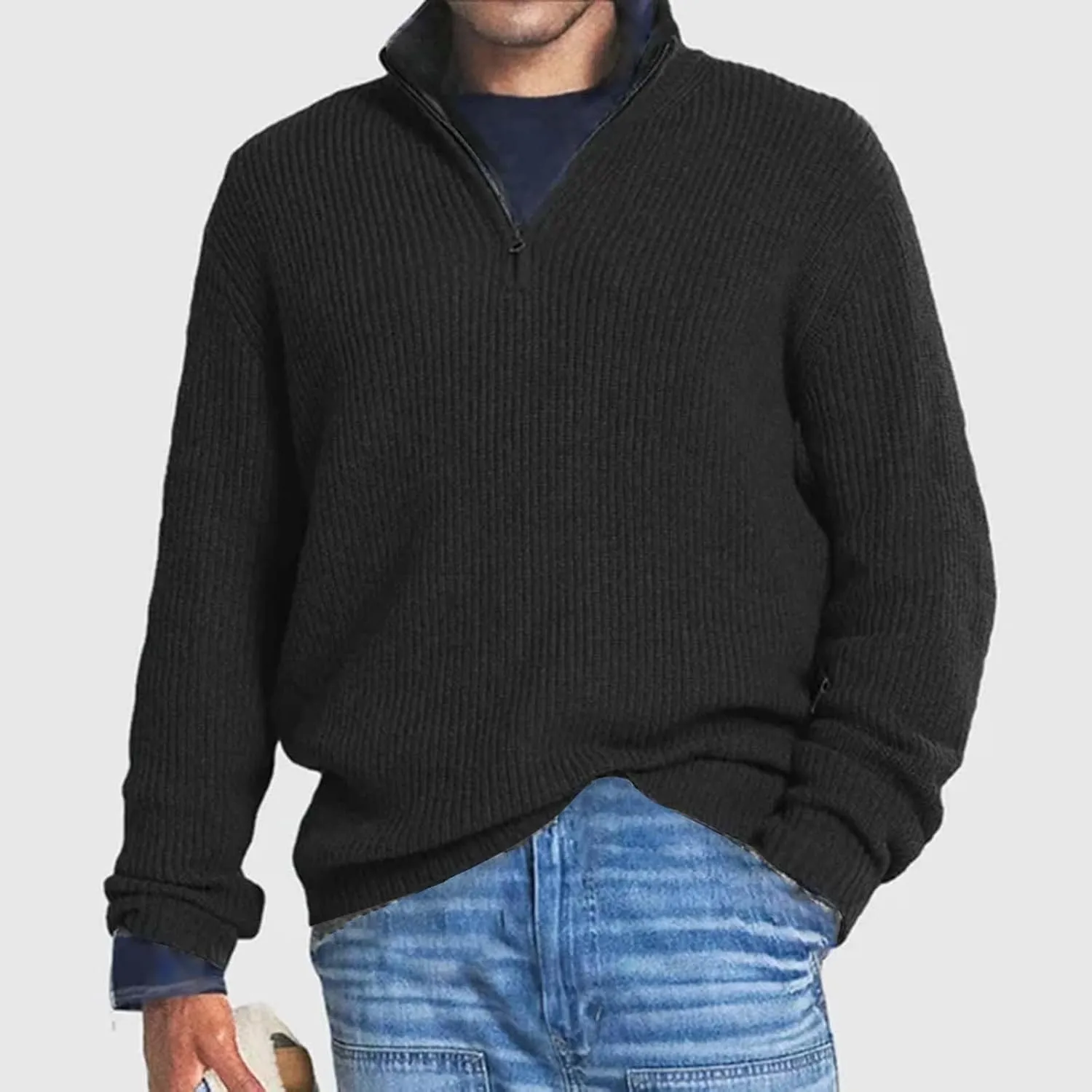 Men Quarter Zip Pullover Sweater Oversize Chunky Warm Knitted Texture Jumper Casual Long Sleeve Turtleneck Sweatshirt