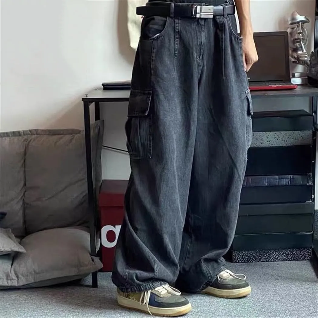 Men's Baggy Jeans, Black Wide Leg Denim Pants, Oversize Cargo Style, Korean Streetwear Hip Hop Trousers