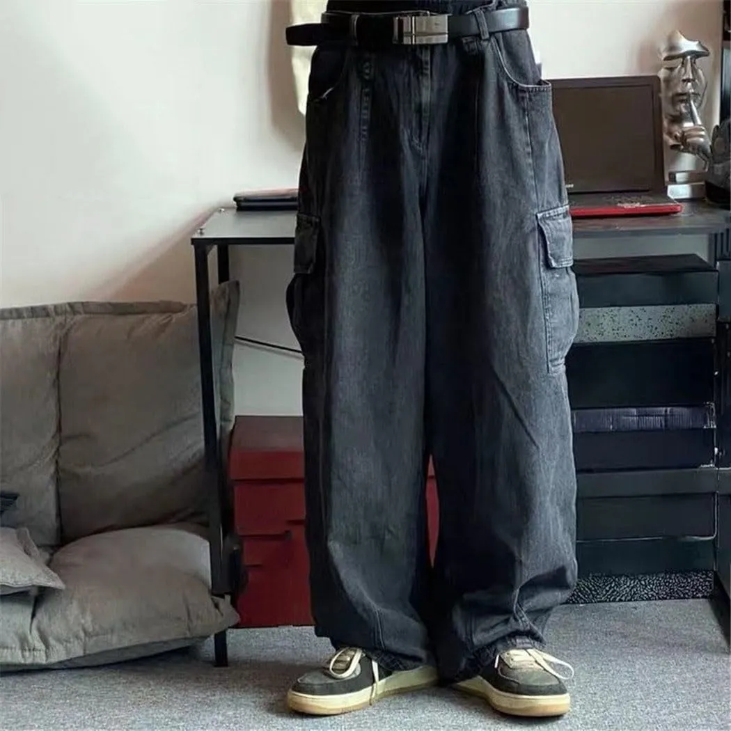 Men's Baggy Jeans, Black Wide Leg Denim Pants, Oversize Cargo Style, Korean Streetwear Hip Hop Trousers