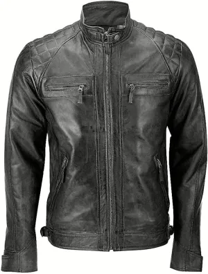 Men's Genuine Motorcycle Quilted Bike Rider Distressed Vintage Leather Jacket for Man