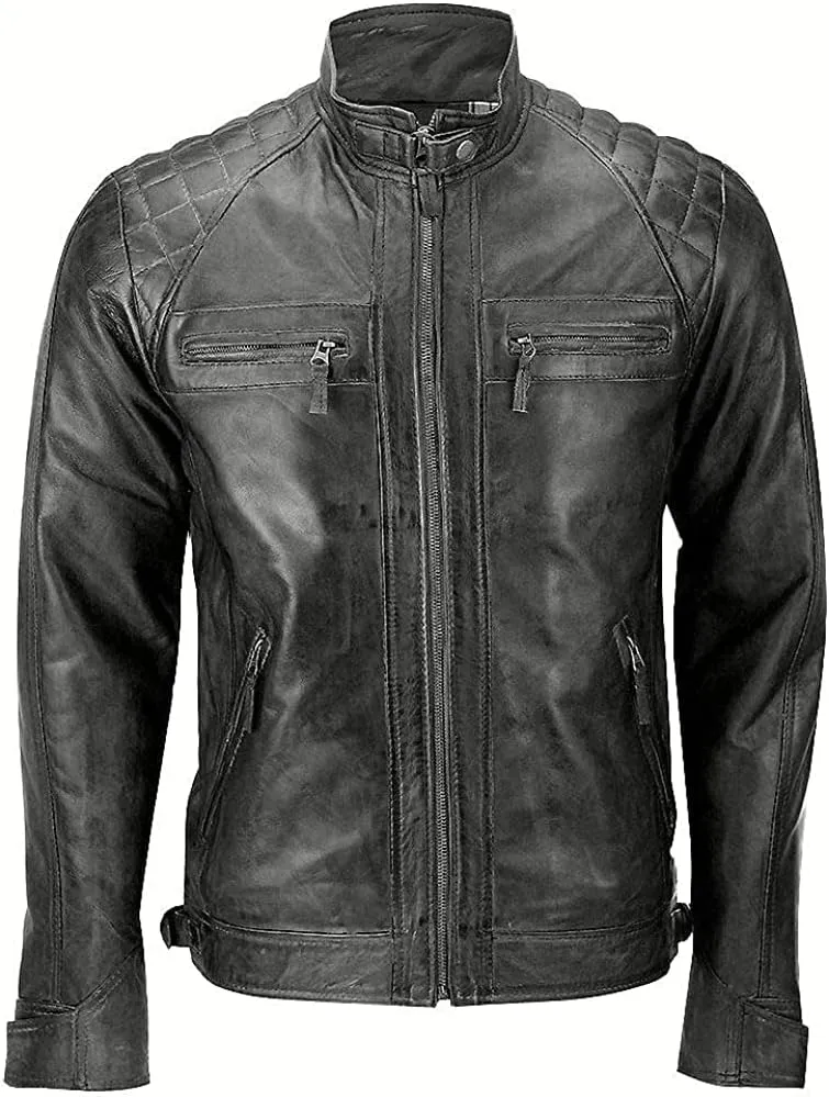 Men's Genuine Motorcycle Quilted Bike Rider Distressed Vintage Leather Jacket for Man