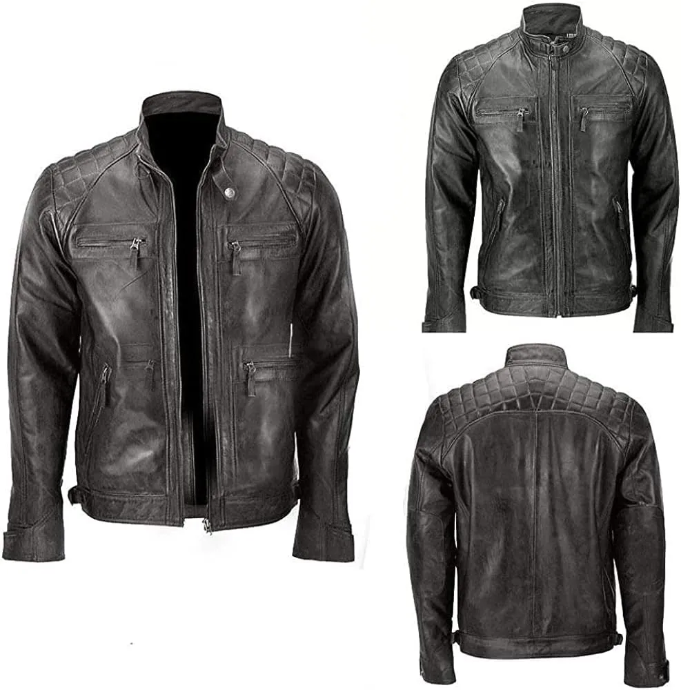 Men's Genuine Motorcycle Quilted Bike Rider Distressed Vintage Leather Jacket for Man