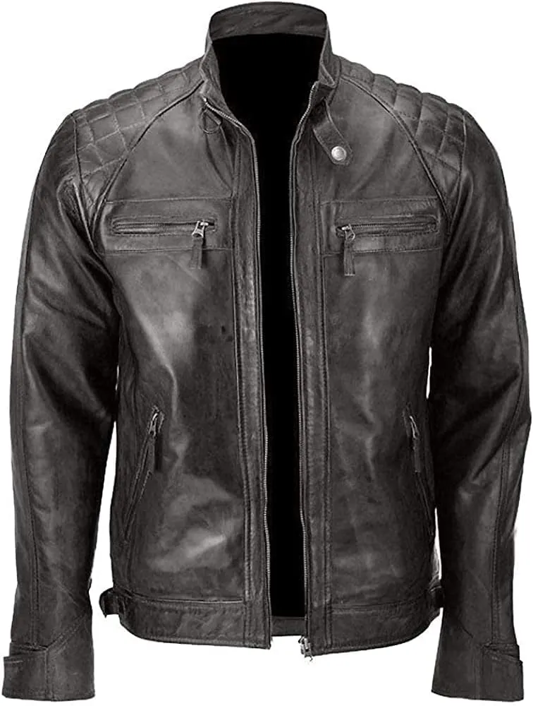 Men's Genuine Motorcycle Quilted Bike Rider Distressed Vintage Leather Jacket for Man