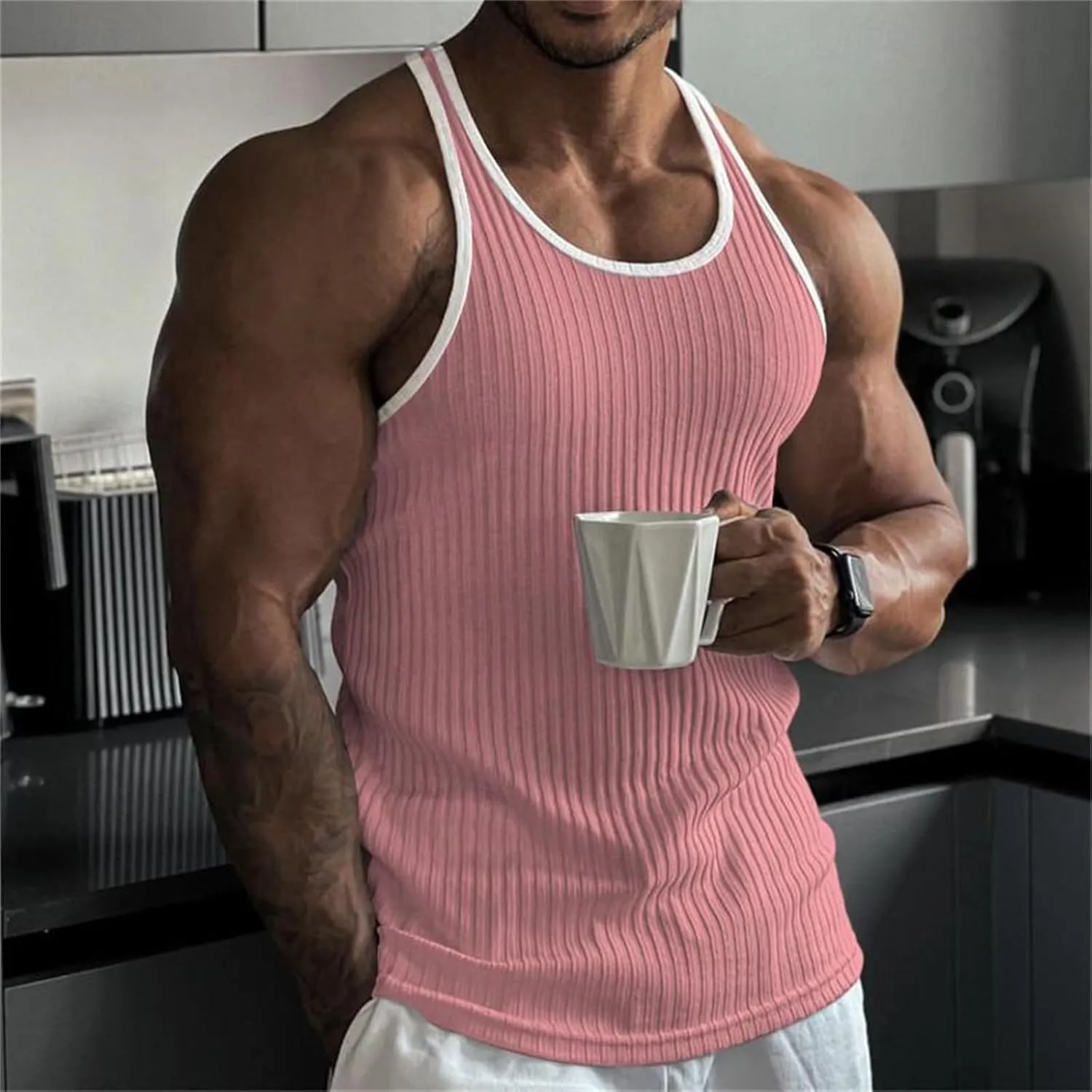 Mens Tank Top Slim Fit Vertical Striped Knitted Fitness Sleeveless Muscle Shirt Rib Knit Round Neck Undershirts