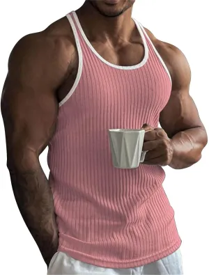 Mens Tank Top Slim Fit Vertical Striped Knitted Fitness Sleeveless Muscle Shirt Rib Knit Round Neck Undershirts