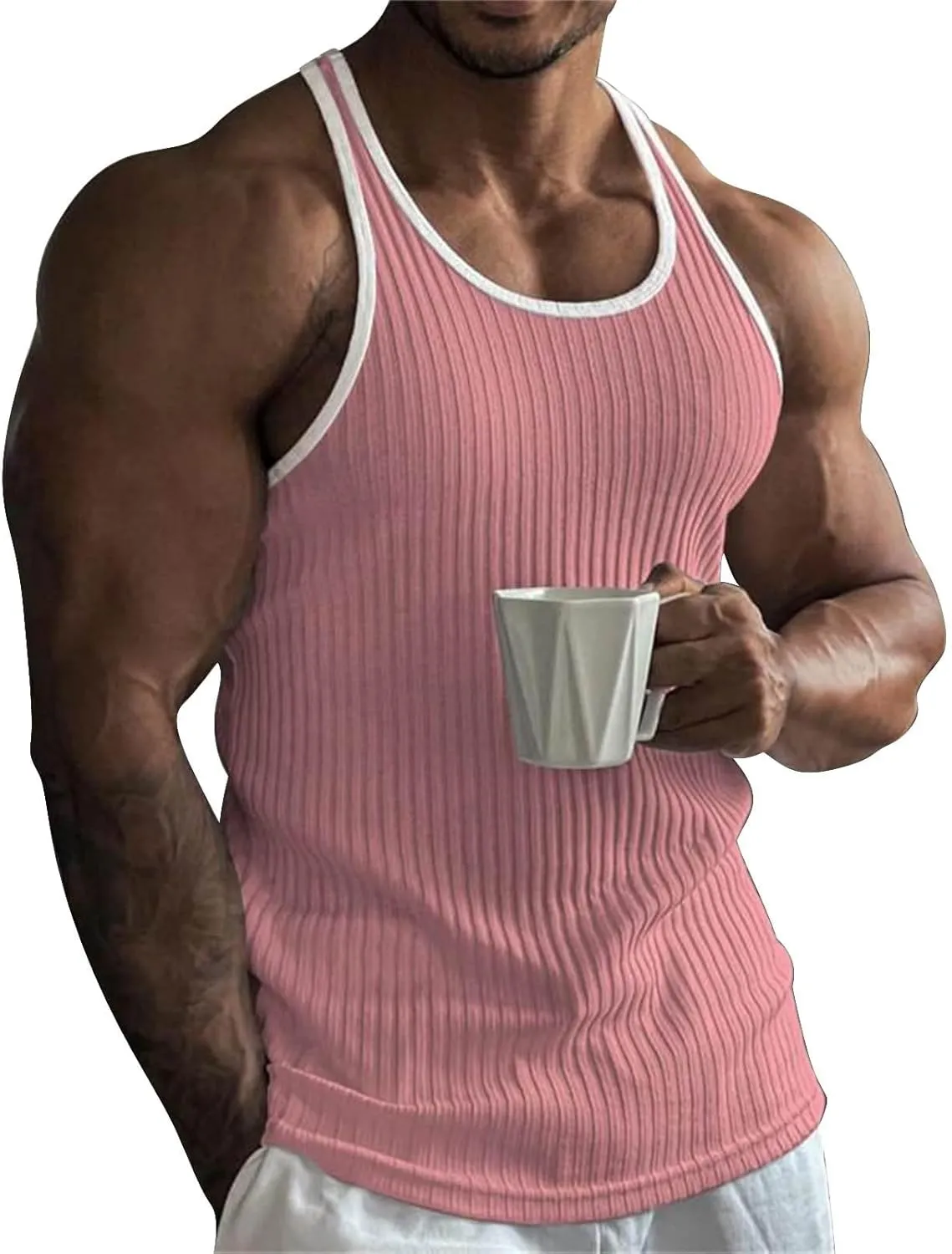 Mens Tank Top Slim Fit Vertical Striped Knitted Fitness Sleeveless Muscle Shirt Rib Knit Round Neck Undershirts