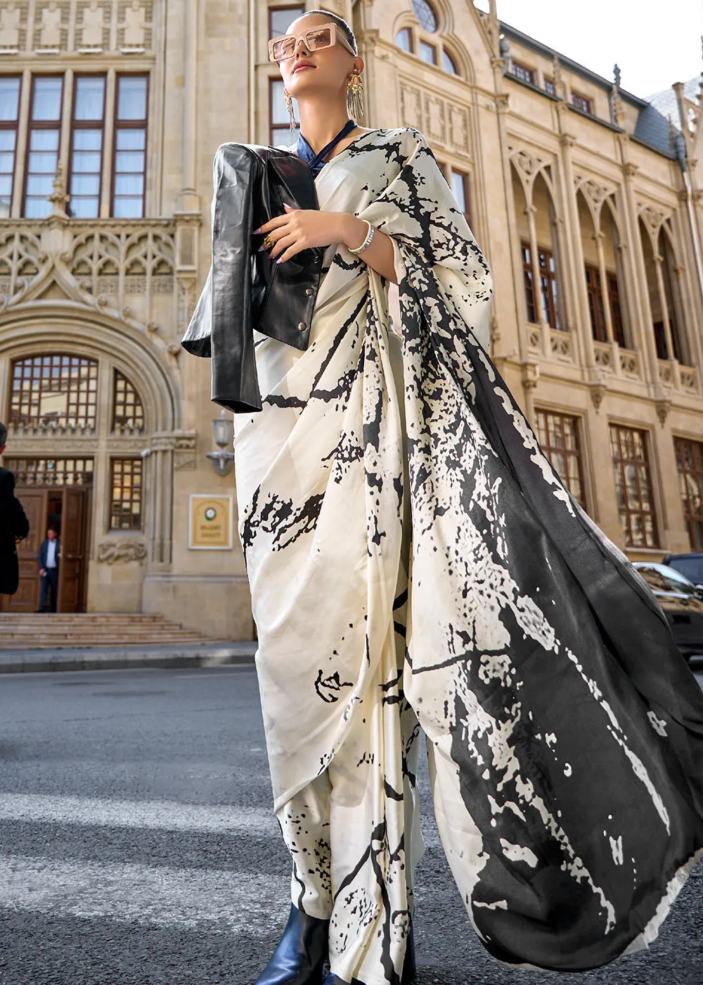 Parchment White Designer Satin Crepe Printed Saree