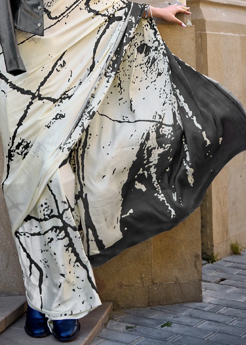 Parchment White Designer Satin Crepe Printed Saree