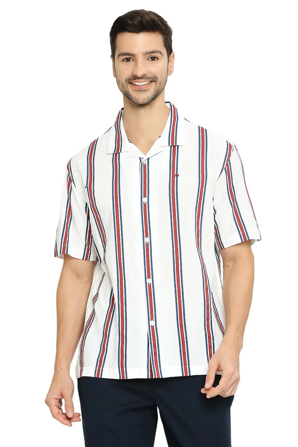 Relaxed Fit Cotton Viscose Stripe Halfsleeves Shirt