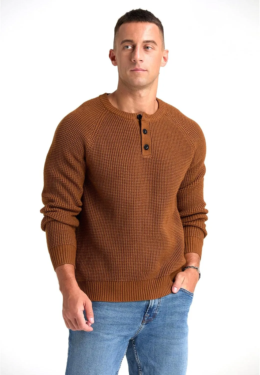 RQP Men's Henley Sweater Long Sleeve Button Crewneck Sweater Knit Sweater Casual Waffle Texture Pullover Sweater