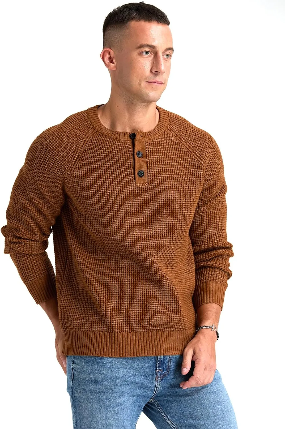 RQP Men's Henley Sweater Long Sleeve Button Crewneck Sweater Knit Sweater Casual Waffle Texture Pullover Sweater