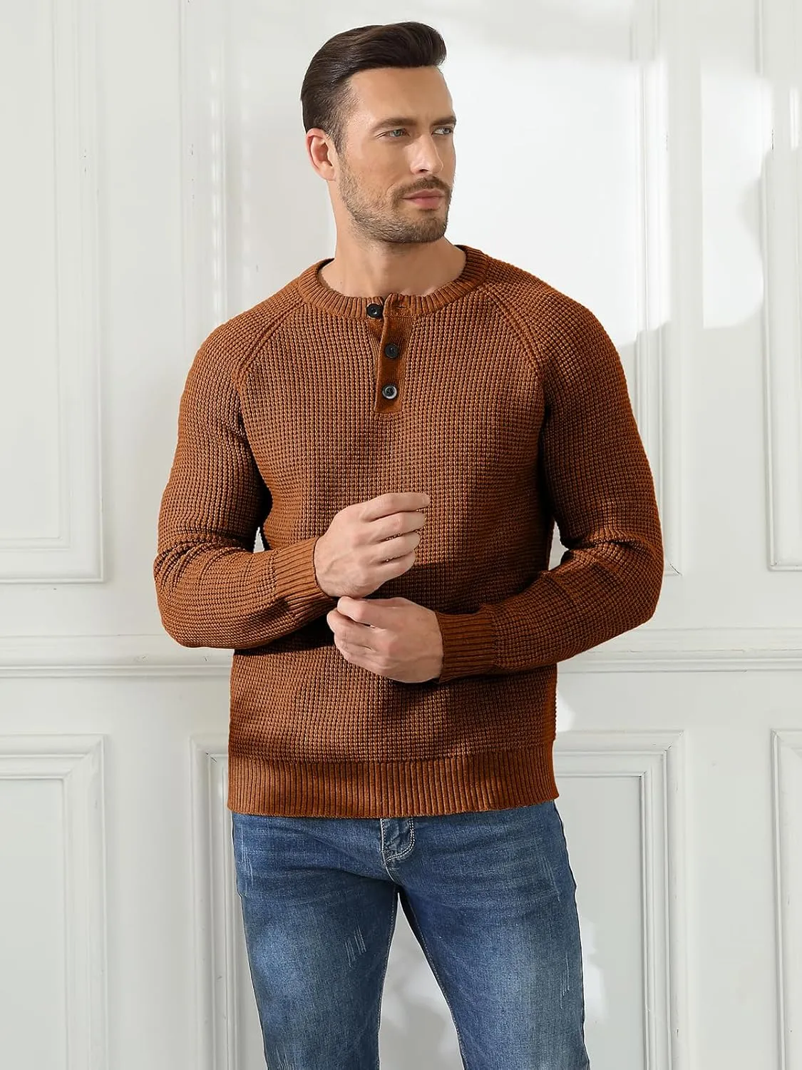 RQP Men's Henley Sweater Long Sleeve Button Crewneck Sweater Knit Sweater Casual Waffle Texture Pullover Sweater