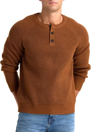 RQP Men's Henley Sweater Long Sleeve Button Crewneck Sweater Knit Sweater Casual Waffle Texture Pullover Sweater