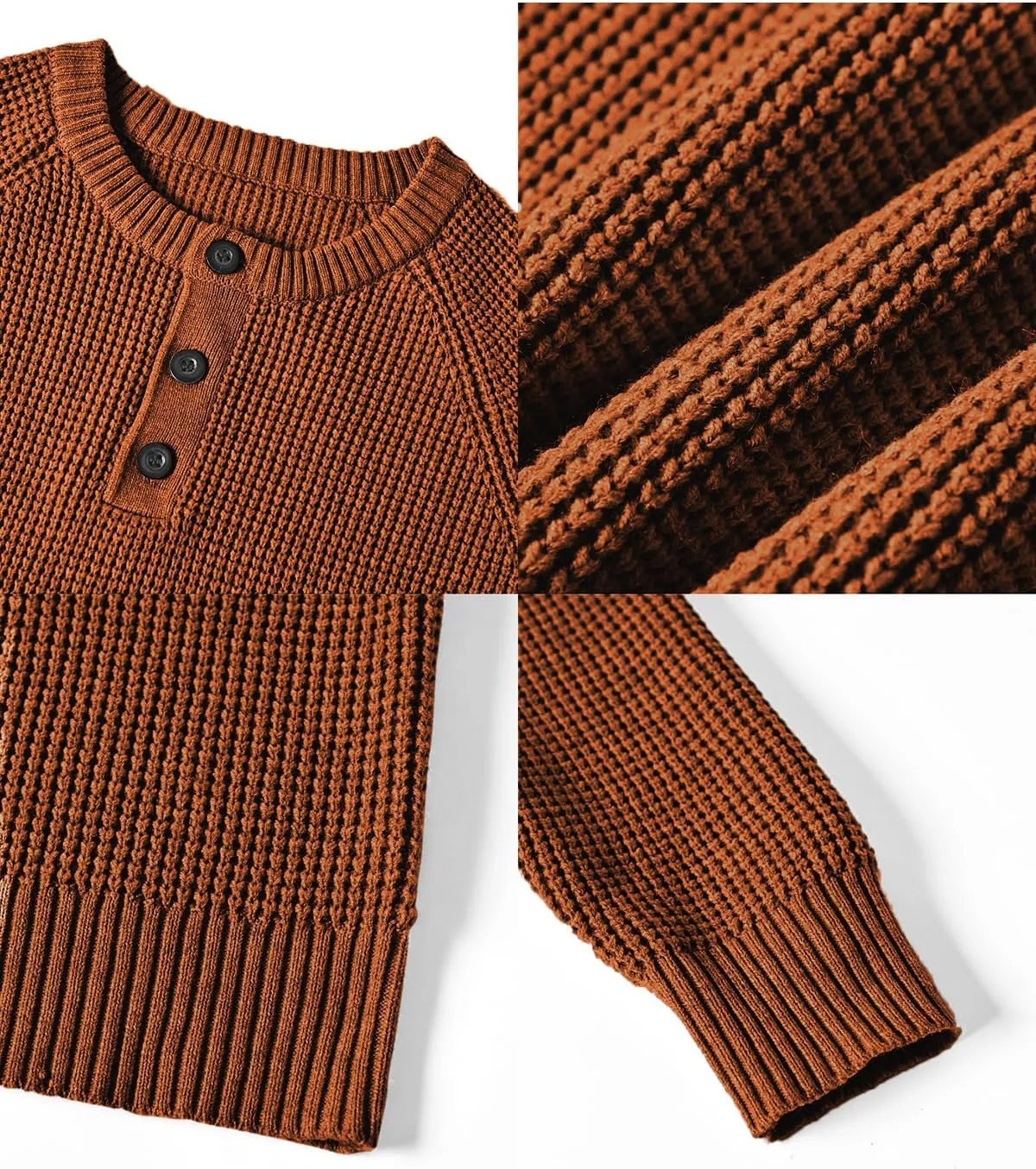 RQP Men's Henley Sweater Long Sleeve Button Crewneck Sweater Knit Sweater Casual Waffle Texture Pullover Sweater