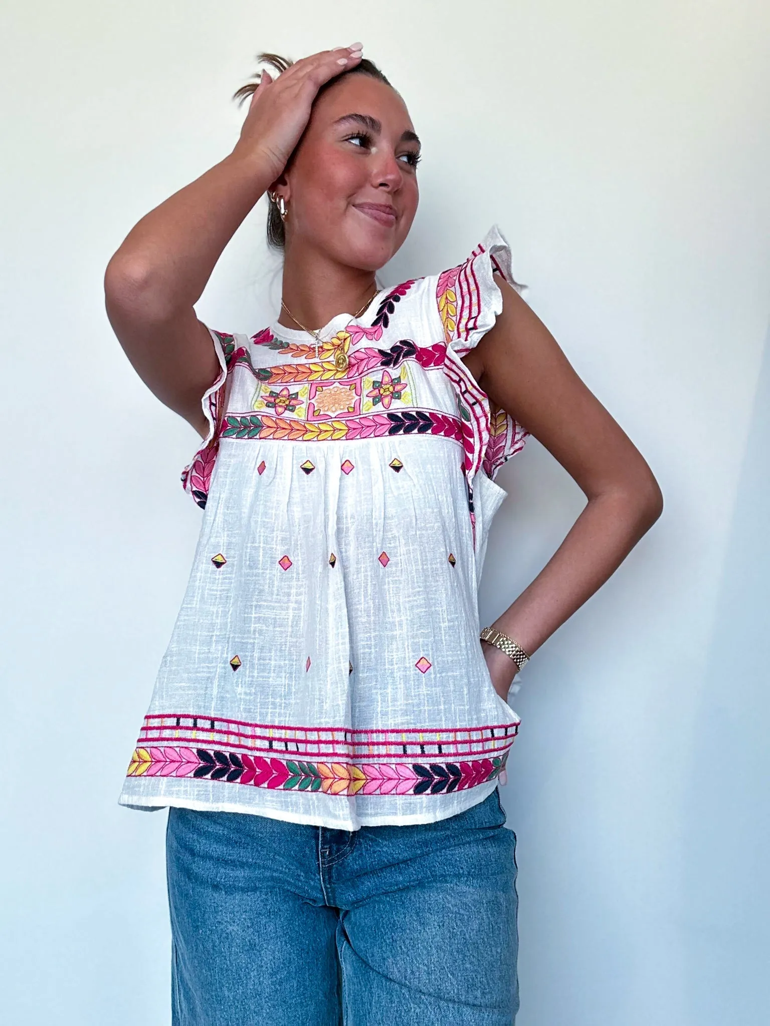 Ruffle Sleeve Embroidered Linen Blouse
