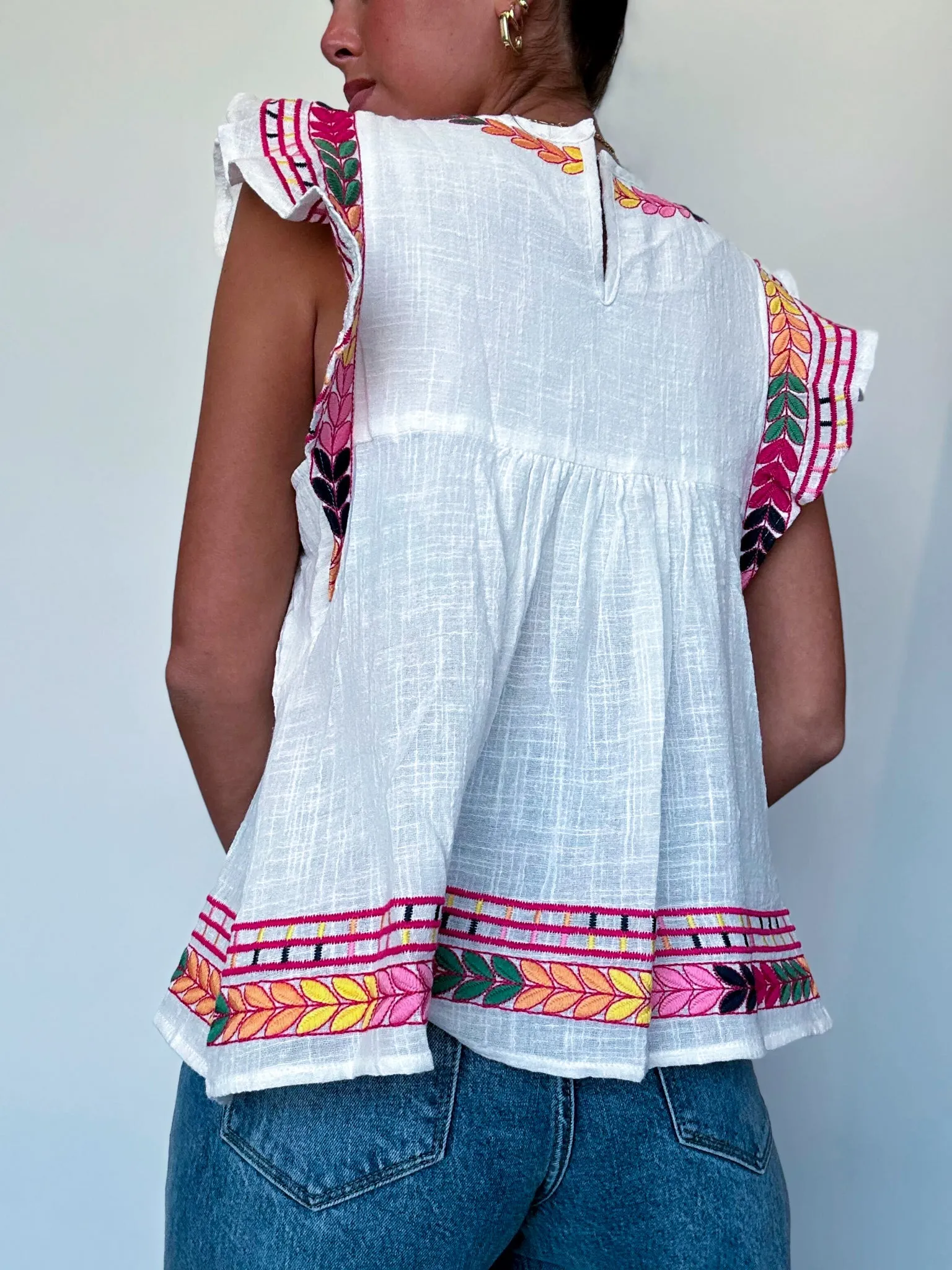 Ruffle Sleeve Embroidered Linen Blouse