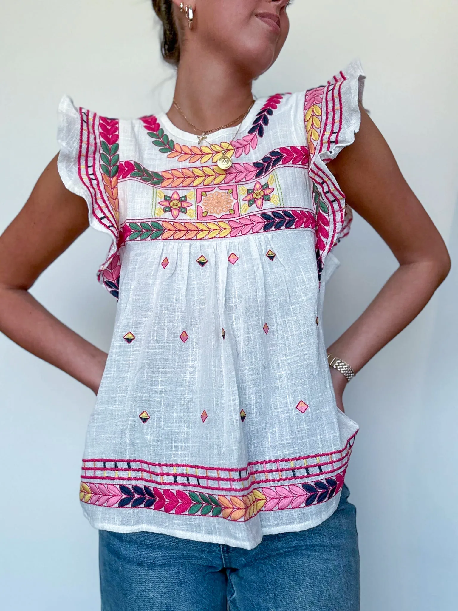 Ruffle Sleeve Embroidered Linen Blouse
