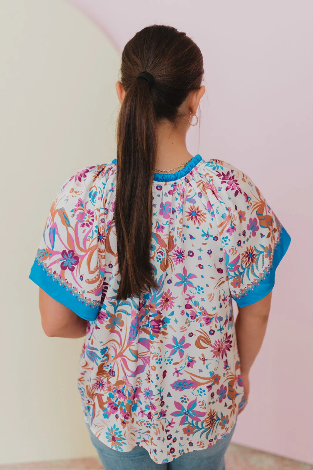Santorini Sunset Floral Tie Neck Blouse