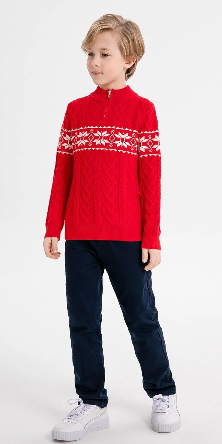 SMILING PINKER Boys Christmas Sweater Cable Knit Half Zip Mock Neck Snowflake Pullover