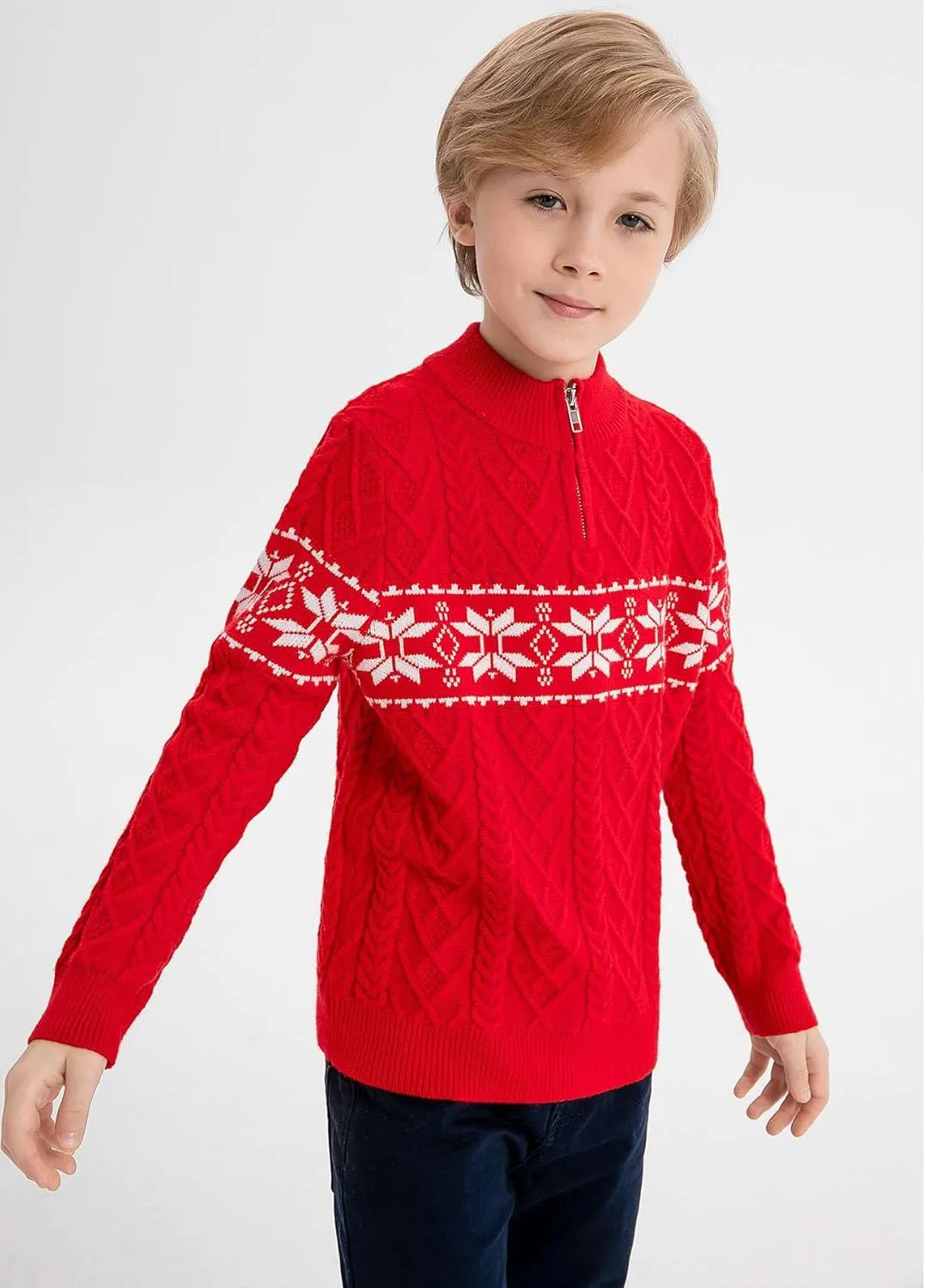 SMILING PINKER Boys Christmas Sweater Cable Knit Half Zip Mock Neck Snowflake Pullover