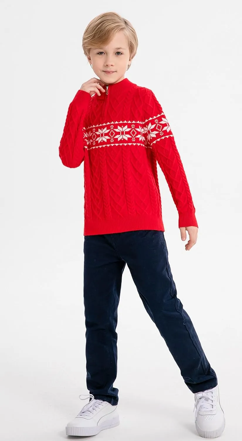 SMILING PINKER Boys Christmas Sweater Cable Knit Half Zip Mock Neck Snowflake Pullover
