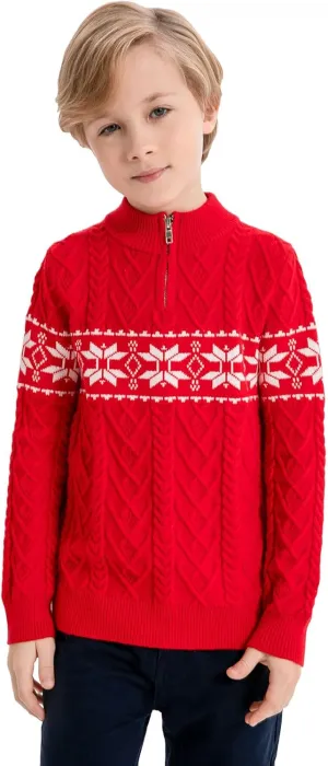 SMILING PINKER Boys Christmas Sweater Cable Knit Half Zip Mock Neck Snowflake Pullover